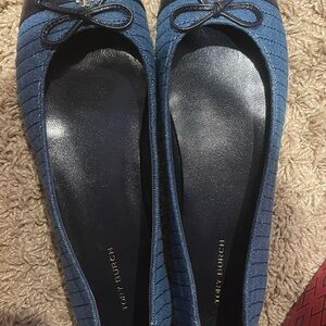Tory Burch Textured Blue Flats with Bow